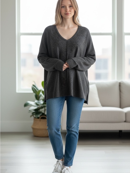 Zenana Outfitters Sweaters - Zenana Outfitters Charcoal V-Neck Center Seam Knit Sweater Shirt